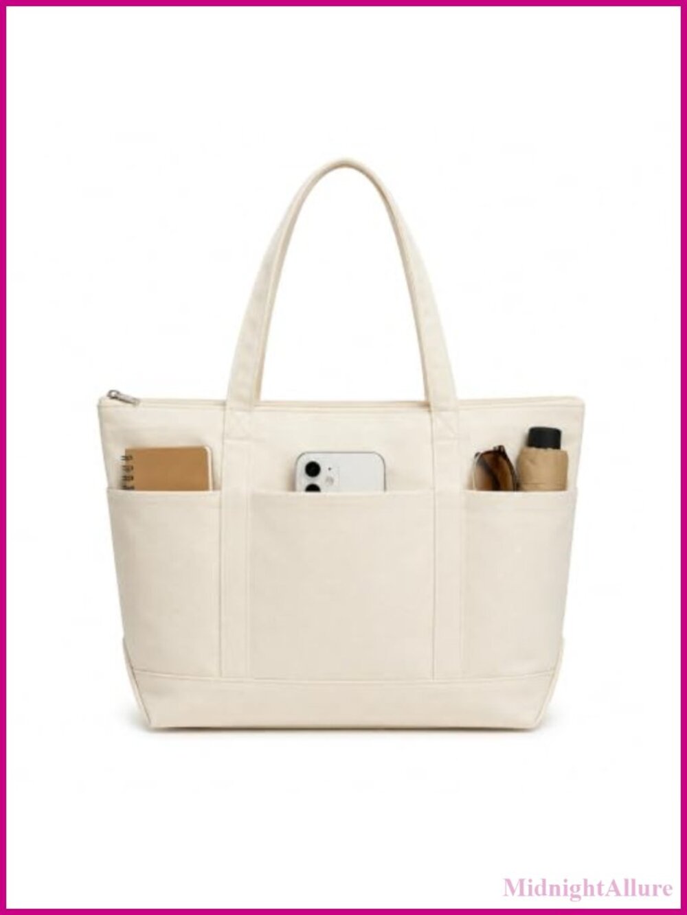 Heavy Duty Canvas Tote Bag with Zipper 3 Front Pockets Work Travel